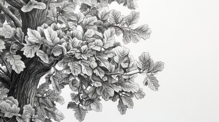 Detailed Pencil Sketch of Oak Tree Branches and Leaves