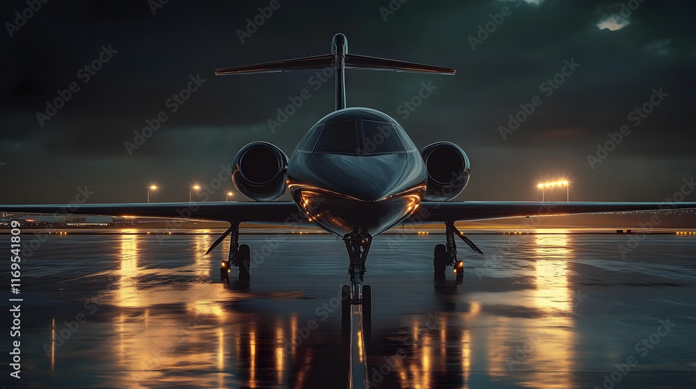 Poster jet plane is parked on the runway at night. the plane is black and shiny, and it is surrounded by a 