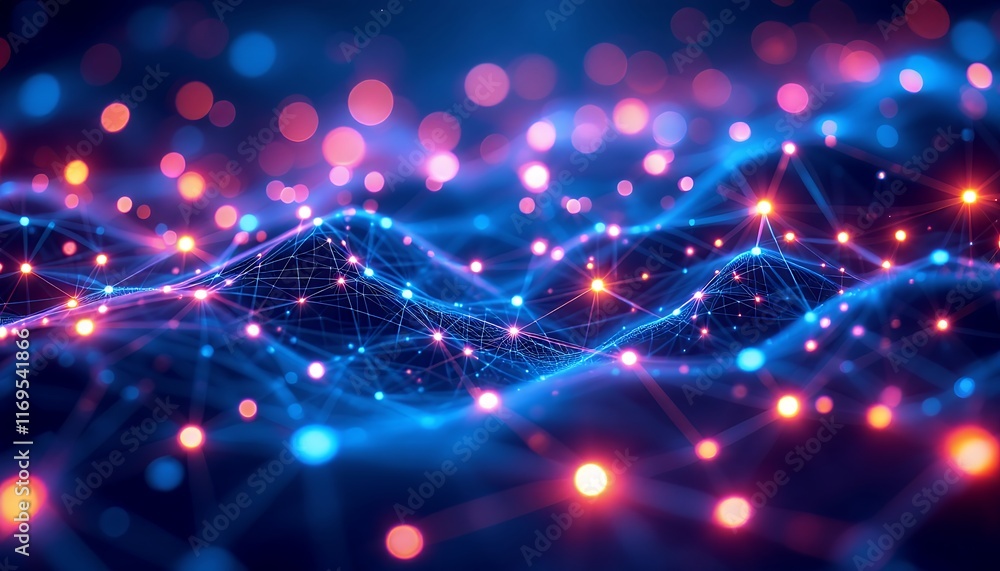 Poster abstract digital network visualization: glowing nodes and connections in a wavy pattern