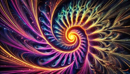 Dynamic fractal patterns in neon gradients, spiraling endlessly into a glowing central core created using generative AI for banners.