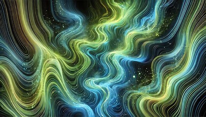 Fluid, bioluminescent wave patterns in vivid greens and blues with a glowing underwater effect created using generative AI for banners.
