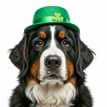 cute bernese mountain dog wearing green leprechaun hat looking at camera for st patricks day