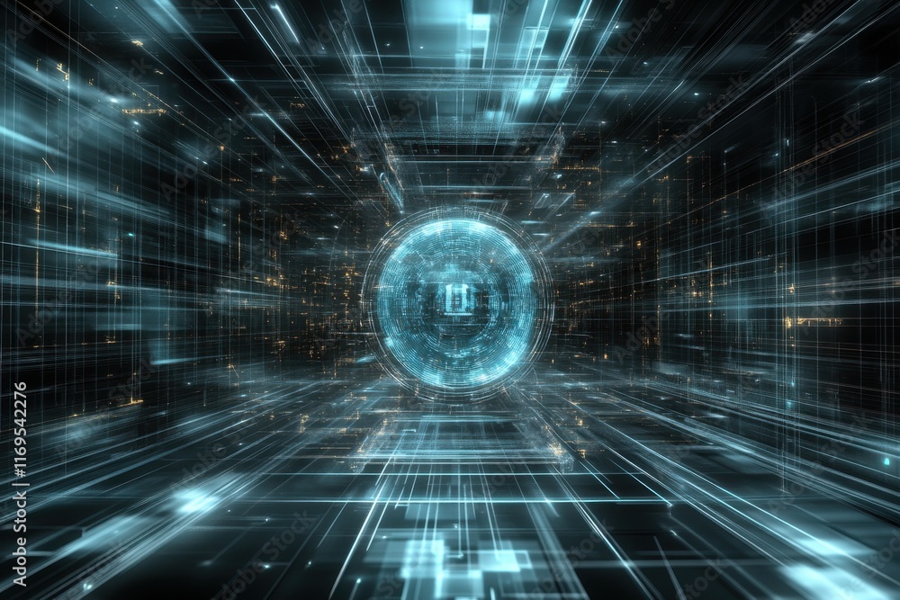 Poster visual representation of a futuristic digital vortex with glowing lines and spherical core