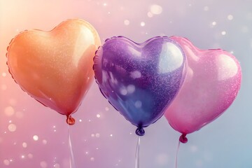 Three Heart-Shaped Balloons in Pink, Purple, and Gold Floating in a Soft Romantic Sky