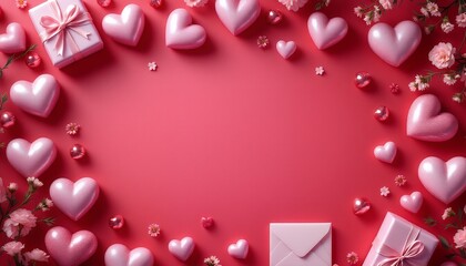 Romantic Valentine's Day Background: Pink Hearts, Gifts, and Flowers