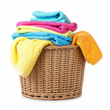 colorful towels in wicker basket on white background