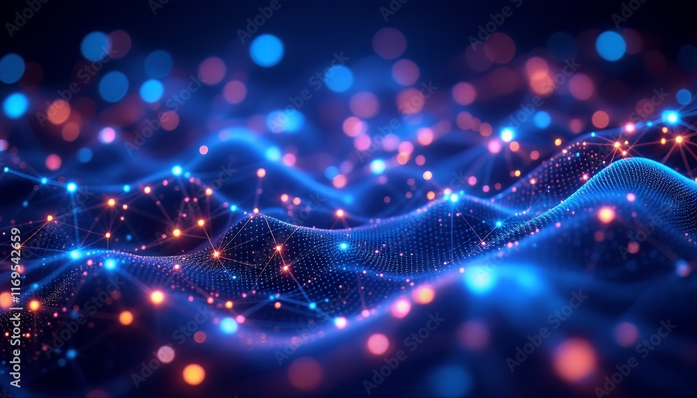 Poster abstract digital network wave: interconnected nodes and glowing lights in a cyberspace landscape