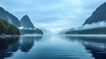 Fototapeta premium Milford sound reflecting in calm water with misty mountains at dawn