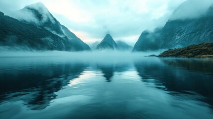 Fototapeta premium Misty milford sound reflecting in calm water at dawn