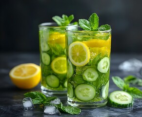 Fototapeta premium mojito cocktail with lime and mint Detox diet concept: green vegetables on wooden table