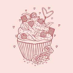 Valentine's day romantic cupcake with chocolates, cookies and decorations, vector line art, romantic illustration
