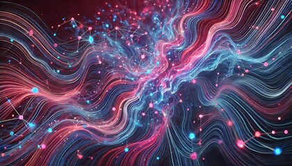 Abstract neural network patterns with pulsating glowing nodes and vibrant blue, pink, and purple lines designed using generative AI for banners.