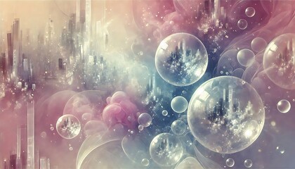 Ethereal glass orbs floating in soft pastel mist with reflections of abstract cityscapes generated with generative AI for banners.