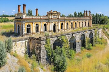 Fototapeta premium Ruined building on stone arches, overgrown with vegetation. A historical structure in decay, showing the passage of time.