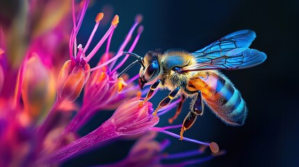 Beautiful honeybee collecting nectar with vibrant colors on a black background