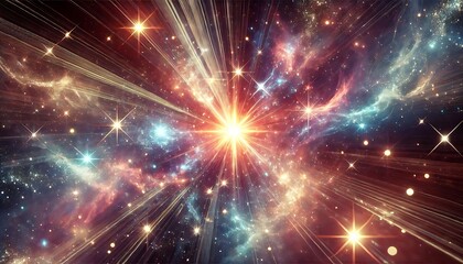 Naklejka premium Cosmic starbursts with radiant beams of light and shimmering particles in deep-space tones created using generative AI for banners.
