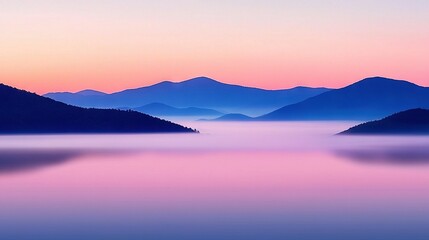 Fototapeta premium A lake nestled within mountainous landscape, framed by a vibrant pink and blue sky