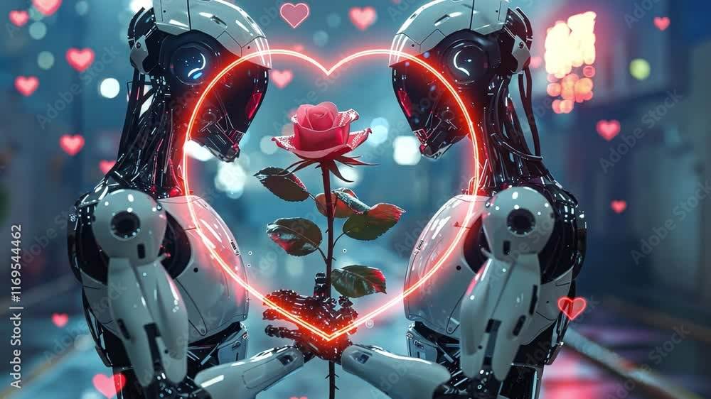 Aufkleber two humanoid robots stand facing each other, exchanging a beautiful red rose surrounded by glowing h