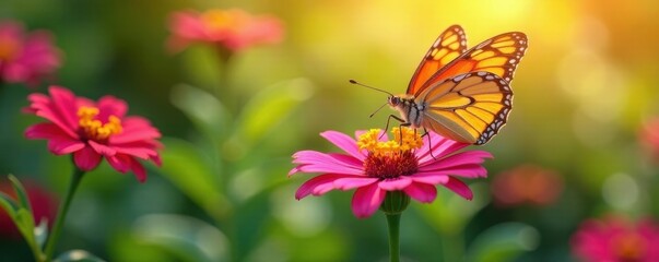 Obraz premium Butterflies sipping nectar from a colorful flower in sunlight, garden, , sunlight
