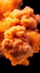Abstract orange smoke billows against a stark black background. The texture is soft and fluffy, creating a dramatic visual.