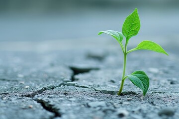 A close-up of a green plant growing out of a cracked concrete, representing resilience and renewal