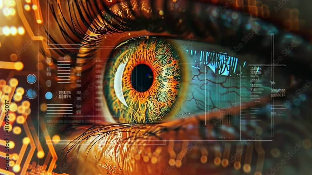 Leinwandbilder this striking visual presents a detailed close-up of a human eye, intertwined with circuit designs. 