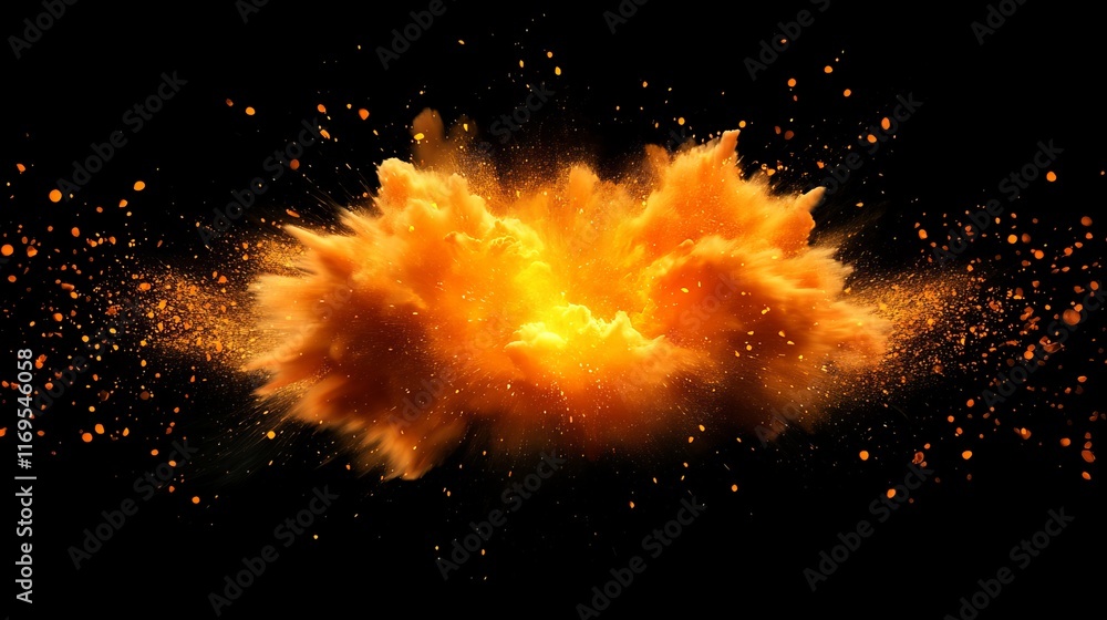 Poster fiery orange explosion against a black background. the vibrant colors and dynamic motion create a po