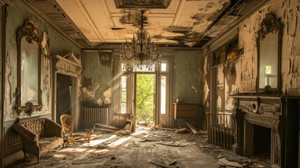 Fototapeta premium Gloomy Abandoned Parlor: Eerie Interior with Forgotten Fireplace and Peeling Paint