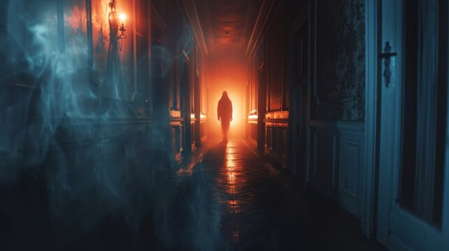 A ghostly figure floating through a darkened hallway, with a flickering candle casting eerie shadows.1c