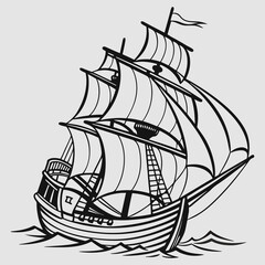 Mayflower vector Art, front side, Silhouette vector Contour Drawing, white black, white background