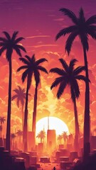 Dramatic sunset illuminating palm trees along busy street, warm tones reflecting on vehicles, ideal for capturing urban lifestyle, travel, and adventure, inspiring wanderlust and exploration.