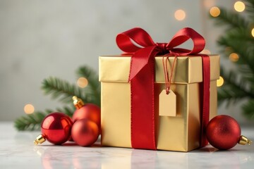 Elegant gold gift box, red ribbon, Christmas tag, gold & red ornaments , season's greetings, merry christmas, golden