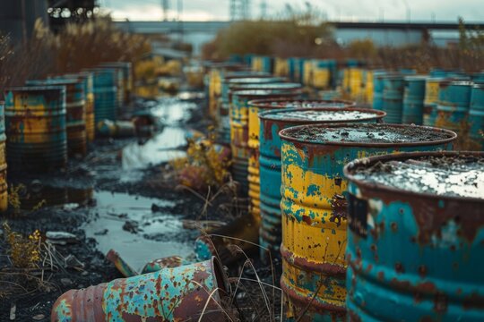 Abandoned industrial drums with toxic waste, environmental hazard, pollution