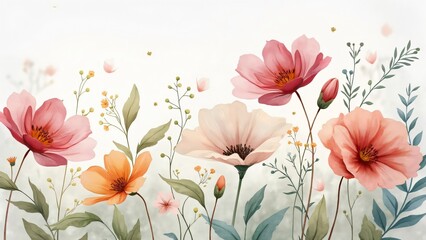 Pastel Pink Peach Watercolor Flowers Botanical Meadow Floral Art Print