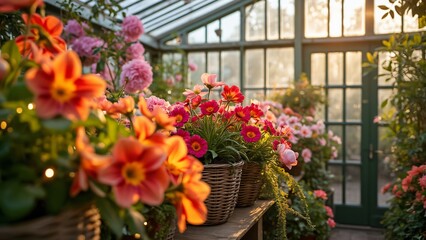 Vibrant Spring Flowers in Greenhouse Setting