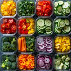 Vegan meal prep with containers of colorful vegetables, healthy lifestyle, eco-friendly eating