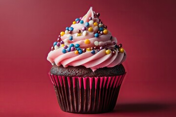 Cupcake with colored sprinkles. Chocolate cupcake on dark red background. Dessert
