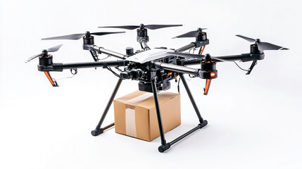 logistics online trading automation concept. A drone delivering a package, showcasing modern delivery technology.