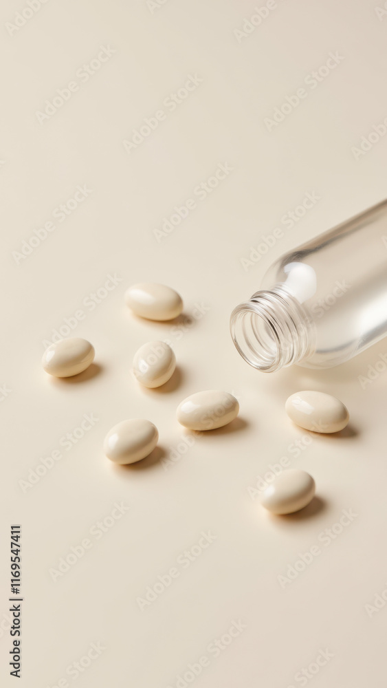 Poster magnesium glycinate supplements in a clear bottle on a countertop with a blurred background for focu