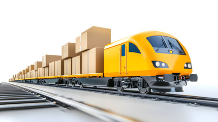 Naklejka premium logistics online trading automation concept. A yellow freight train carrying boxes on tracks in a bright setting.