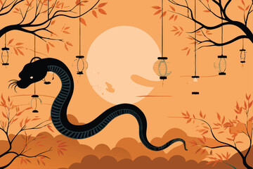 A coiled snake in front of a full moon, surrounded by branches and leaves.