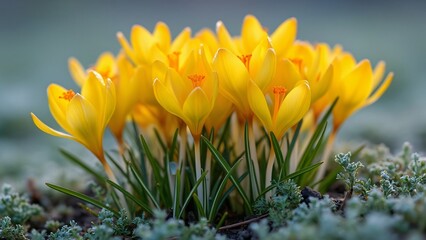 Fototapeta premium Vibrant Yellow Crocus Flowers Blooming in Spring Garden