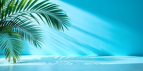 Fototapeta premium Elegant tropical palm leaves with artistic shadows on a calming turquoise background, perfect for nature-inspired designs and creative projects.