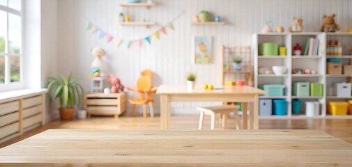 A wooden tabletop in focus with a blurred colorful and cozy classroom setting in the background, ideal for educational or childcare-themed visuals.