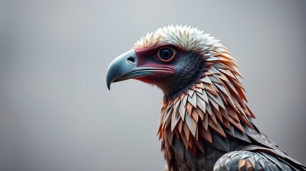 An intricate origami-style portrait photograph of an Ethiopian vulture. Iridescent colors overlay a soft cinematic haze.