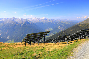Solar panels on the Wildkogel mountain. Austrian Alps, Europe.