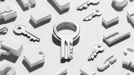 Fototapeta premium Silver key stands out among white keys on white surface.