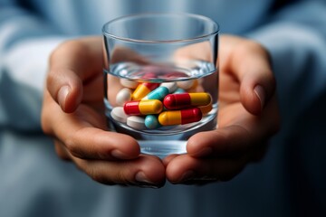 Healthcare Harmony: Close-Up Hands Holding Medication and Water Glass for Optimal Wellness, Pharmaceutical Treatment and mental health treatment, Generative AI