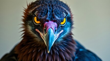 Cool colored Ethiopian vulture, commercial professional quality, blues greens purples, dark brown plumage, sharp yellow eyes, intense gaze.