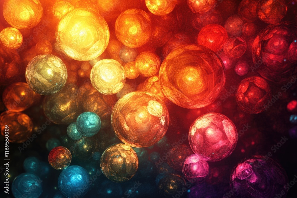 Poster abstract background with glowing, multicolored spheres, creating a vibrant and dynamic visual.